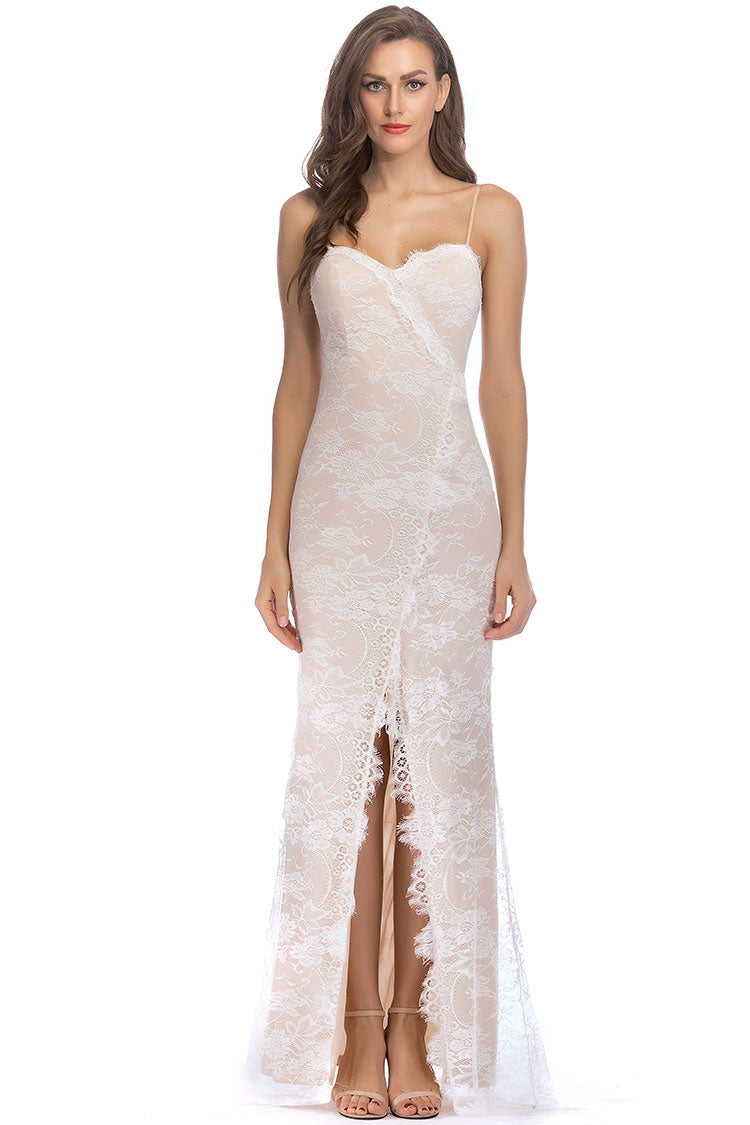 Beige Sweetheart Spaghetti Strap Lace High Slit Mermaid Maxi Dress