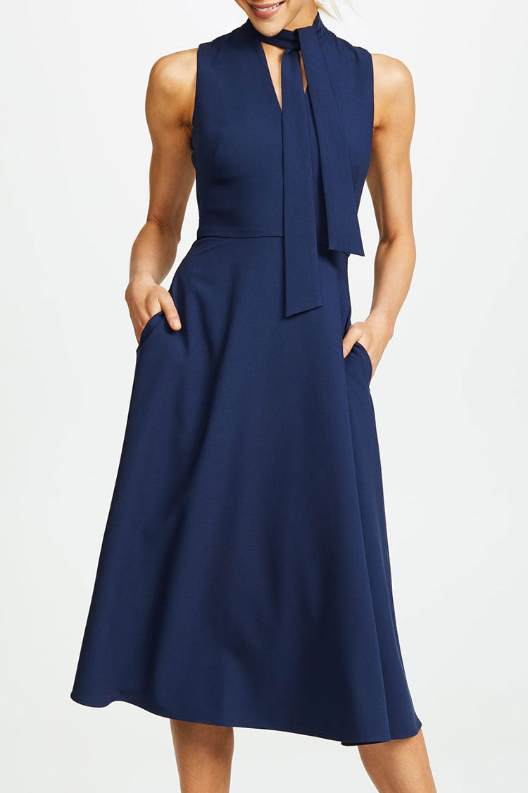 Navy Blue Tie Neck Sleeveless Fit and Flare Skater Midi Dress
