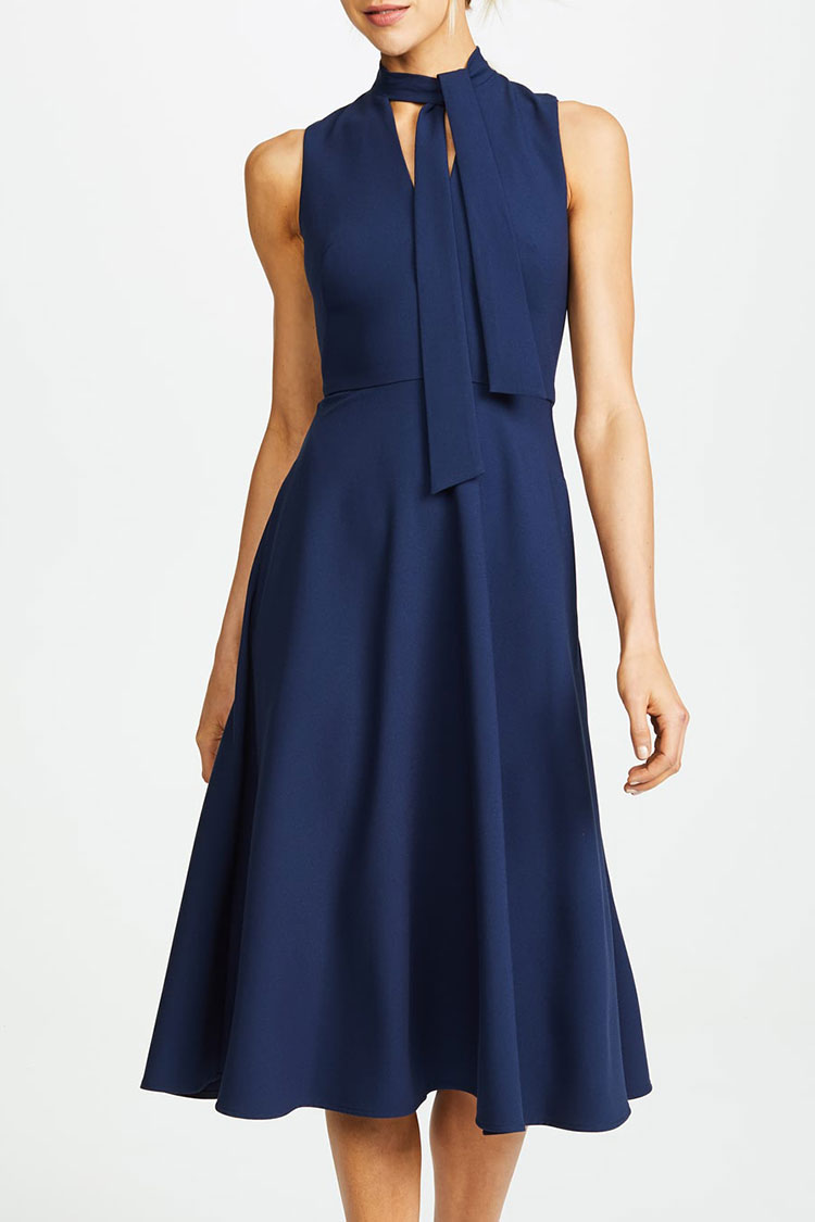 Navy Blue Tie Neck Sleeveless Fit and Flare Skater Midi Dress