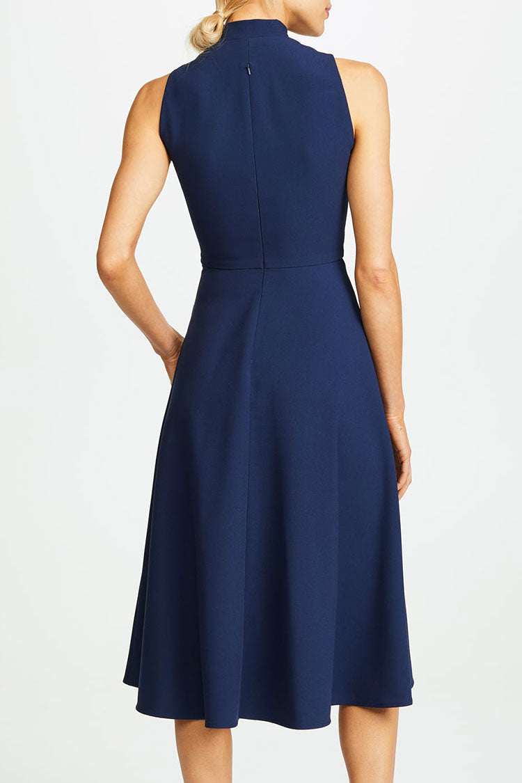 Navy Blue Tie Neck Sleeveless Fit and Flare Skater Midi Dress