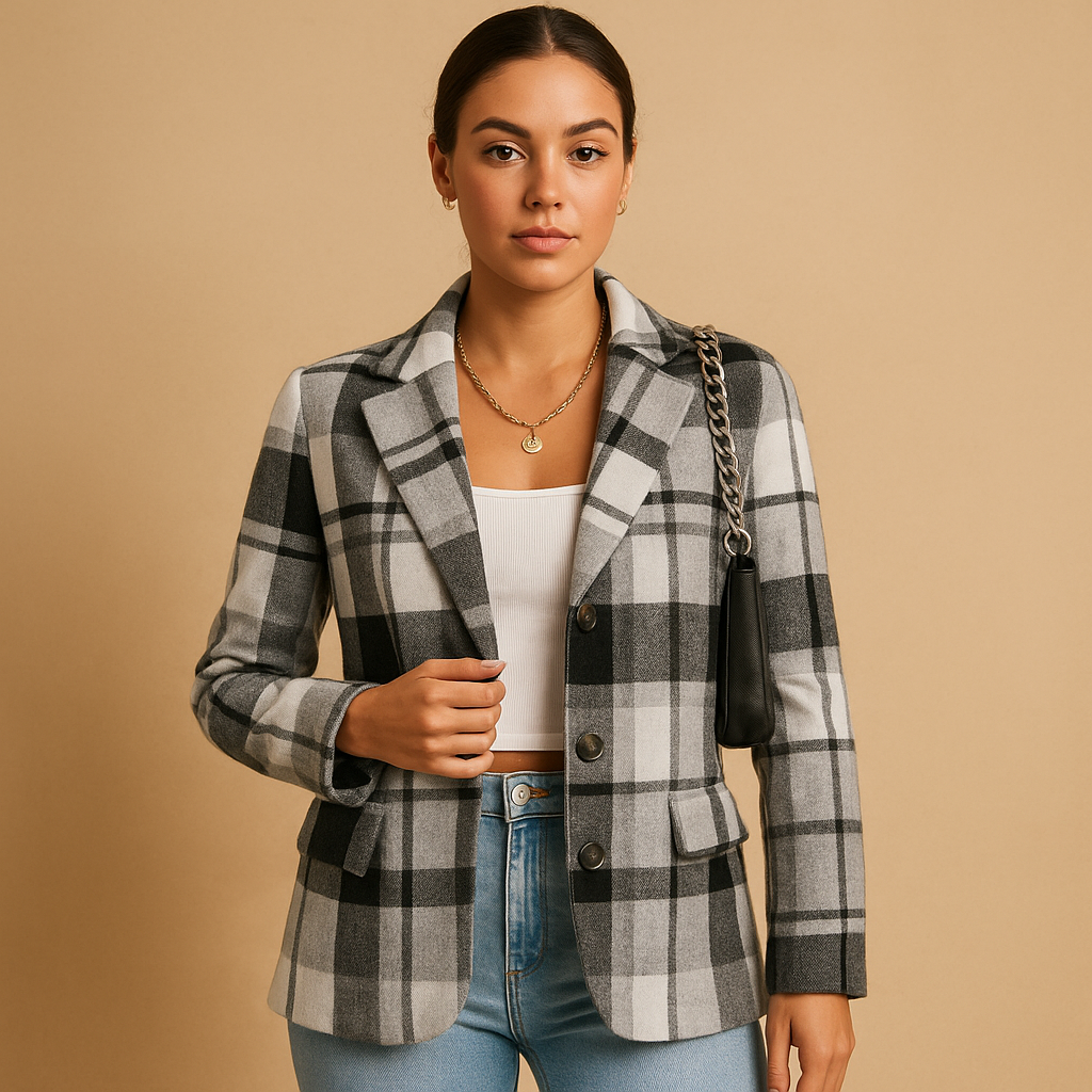 Notched Lapel Plaid Single Button Tailored Blazer