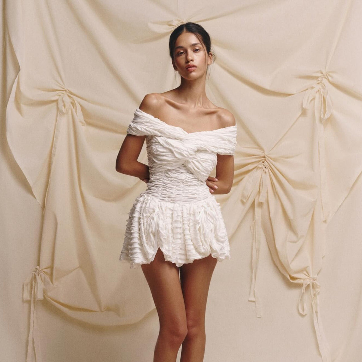 White Off-Shoulder Twist Front Ruched Bubble Hem Mini Dress