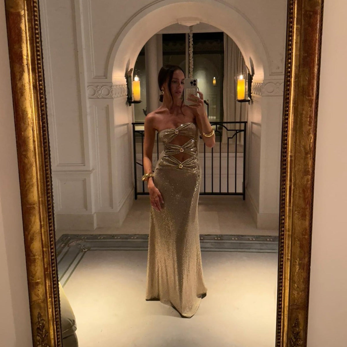 Gold Strapless Rhinestone Button Cutout Ruched Bodycon Maxi Dress