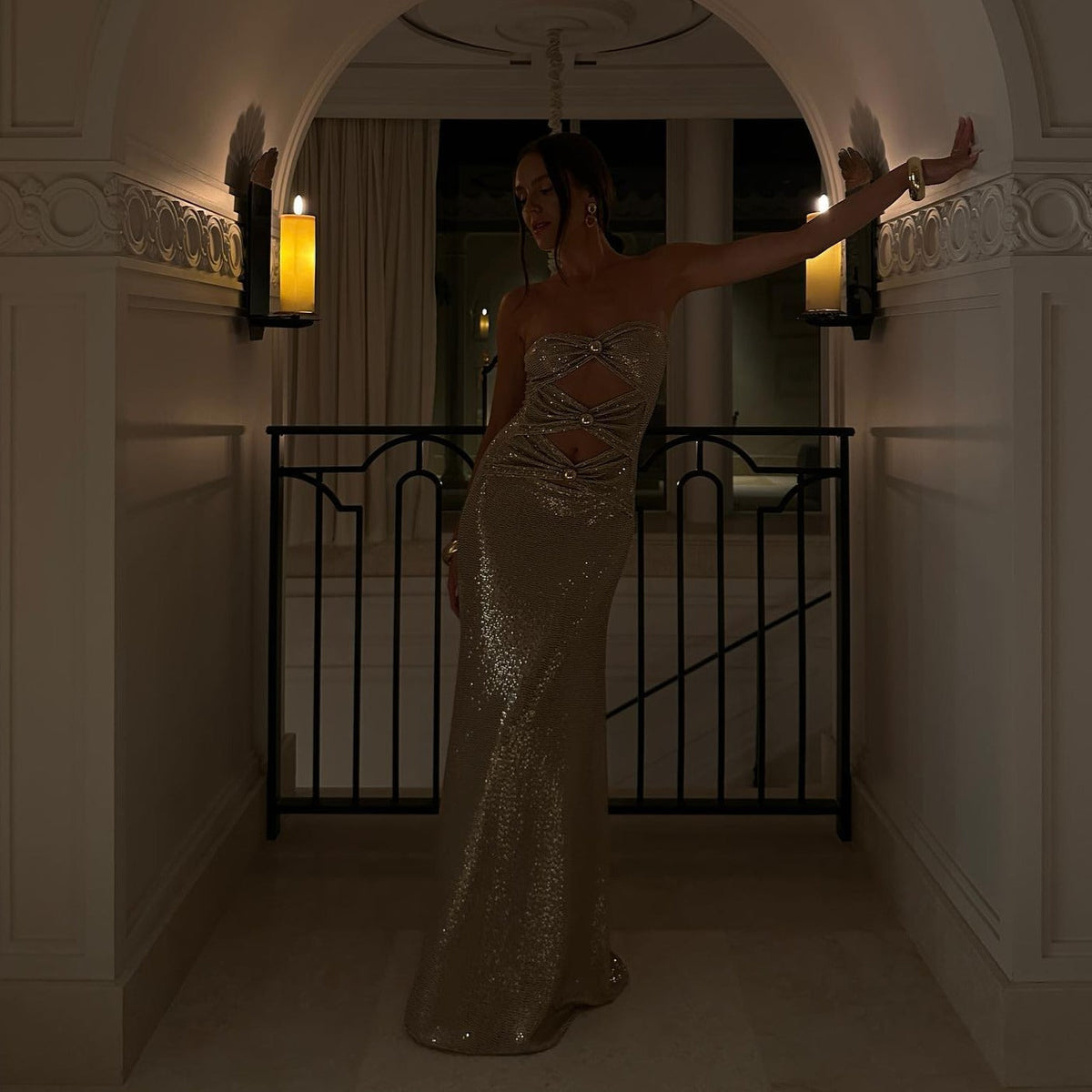 Gold Strapless Rhinestone Button Cutout Ruched Bodycon Maxi Dress