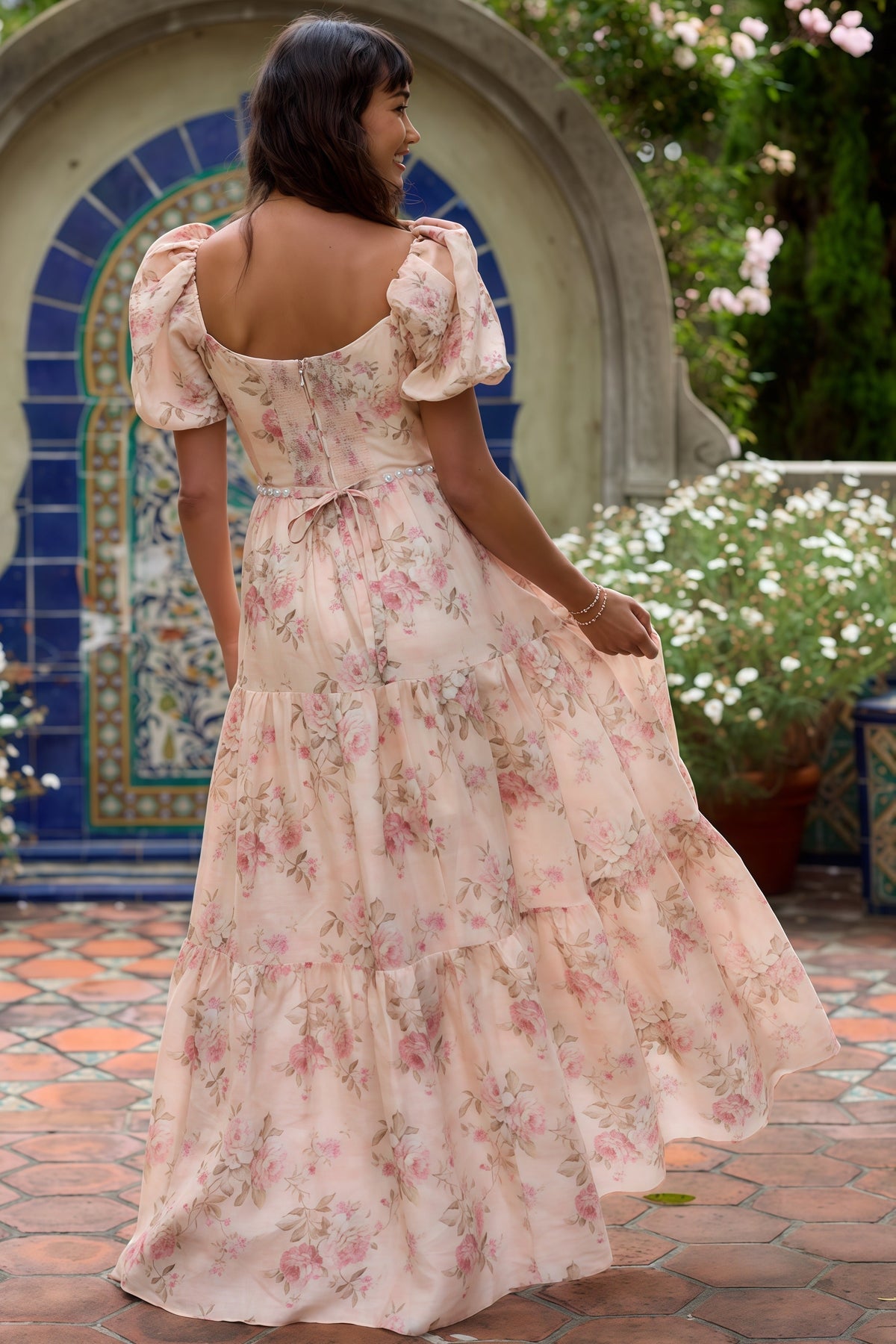 V-Neck Floral Rhinestone Waist Cutout Puff Sleeve Tiered Maxi Dress