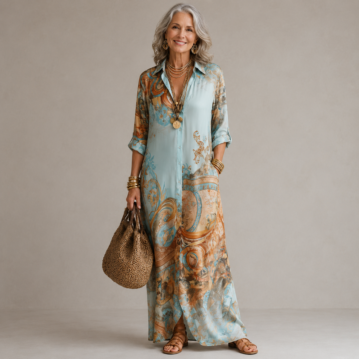 Collared Button Front Baroque Satin Roll-Tab Sleeve Shirt Maxi Dress