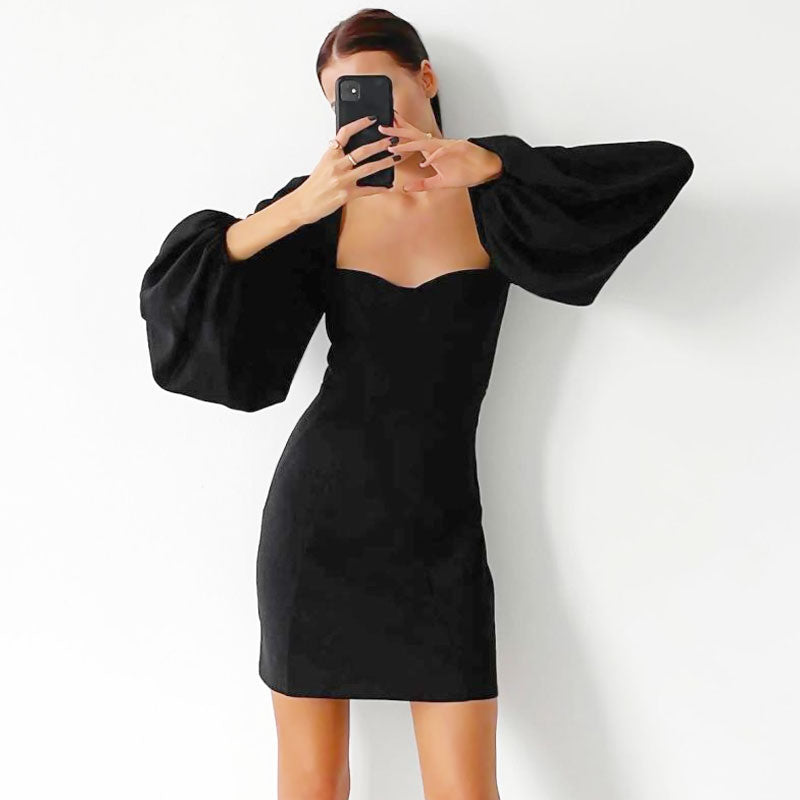 Black Sweetheart Neck Bishop Sleeve Bodycon Mini Dress