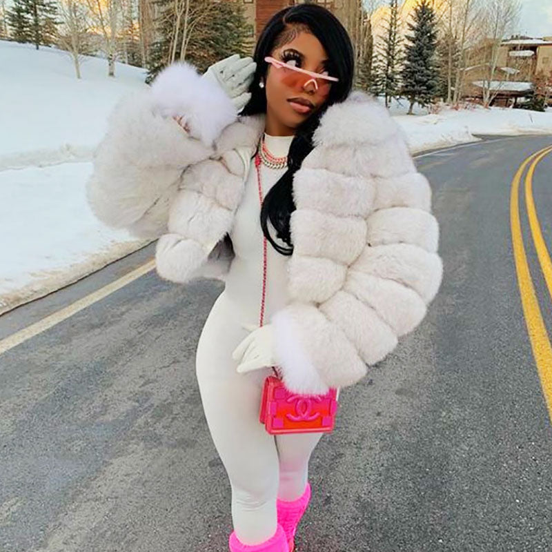 White Stand Collar Tiered Faux Fur Long Sleeve Cropped Coat