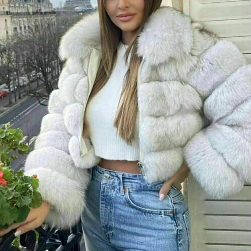 White Stand Collar Tiered Faux Fur Long Sleeve Cropped Coat