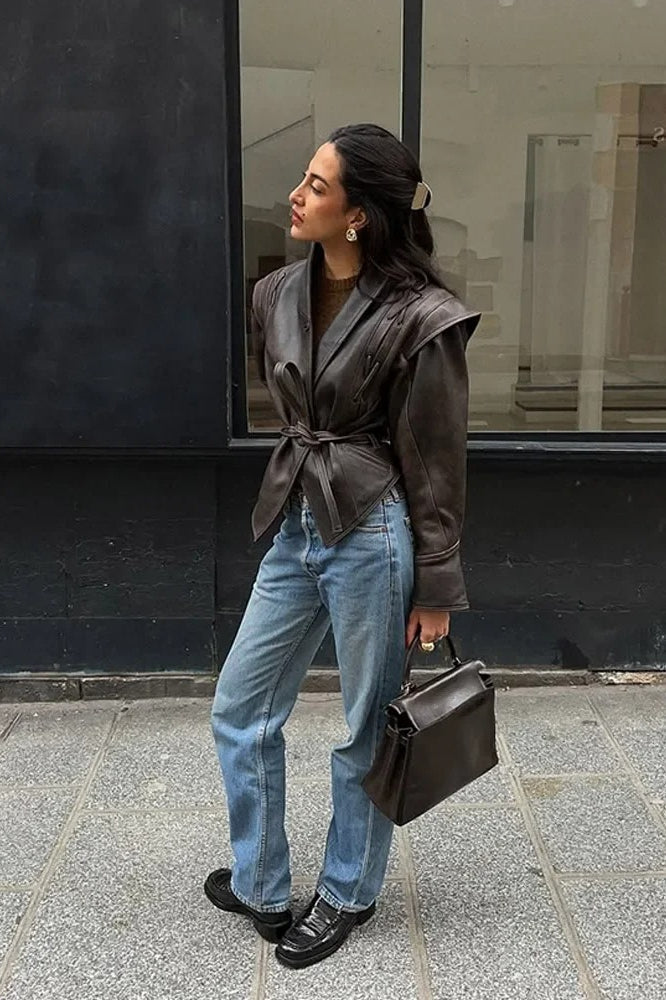 Vintage Vneck Belted Faux Leather Jacket