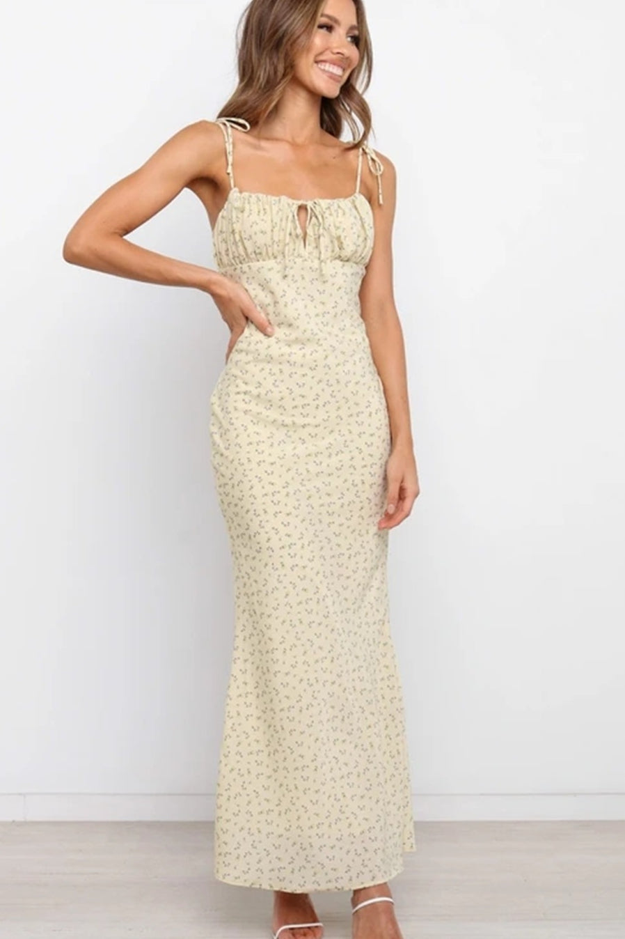 Floral Ruched Backless Tie Cami Mermaid Maxi Bodycon Dress