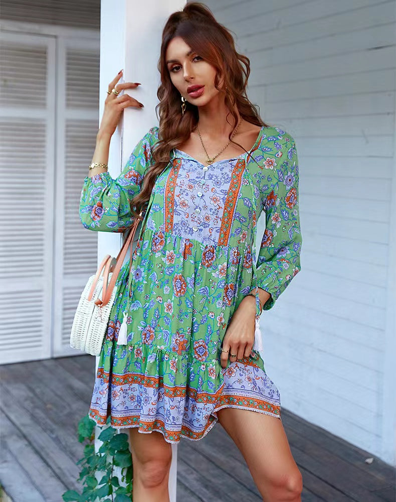 V neck Printed Casual Bohemian Short Dress