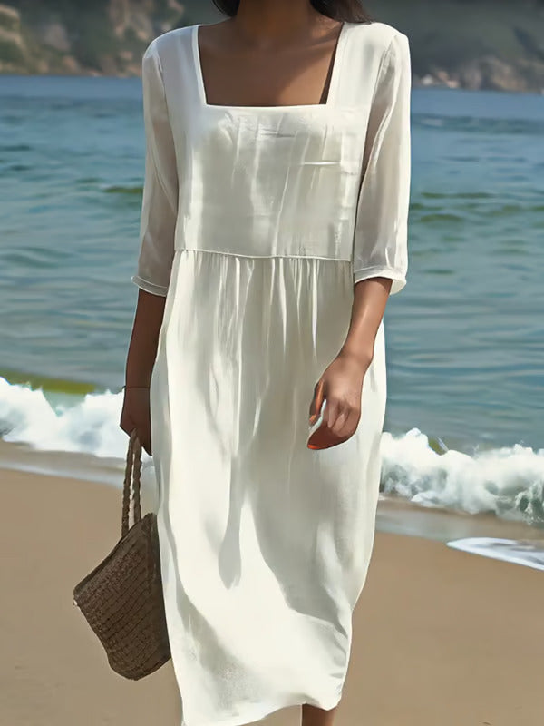 Square Neck Half Sleeve Linen Empire Waist Maxi Dress
