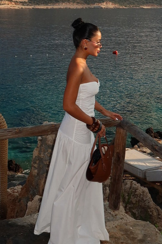 Strapless Sweetheart Neck Twist Cutout Ruched Drop Waist Maxi Dress 3