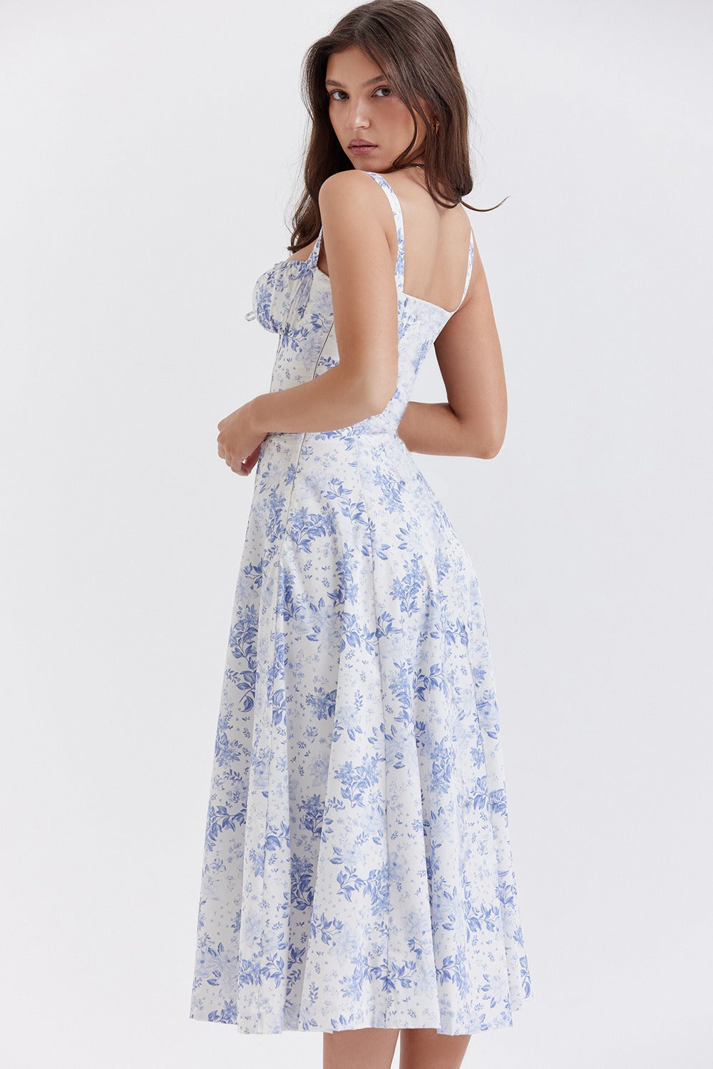 Wide Strap Sweetheart Ruched Bust Toile Floral Print A-Line Midi Dress 2