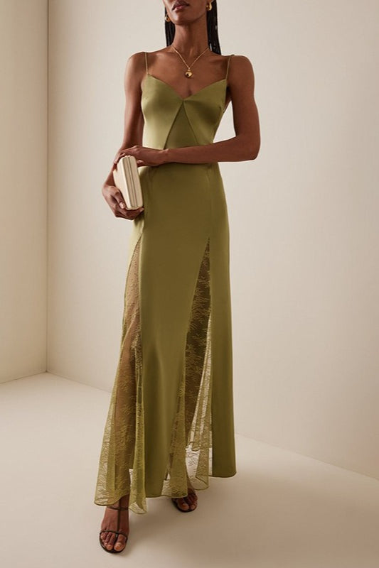 LacePanel VNeck SlimFit Maxi Chic Silk Dress