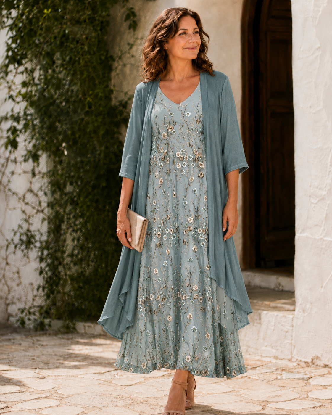 V-Neck Floral Embroidered Maxi Dress with Chiffon Duster Set