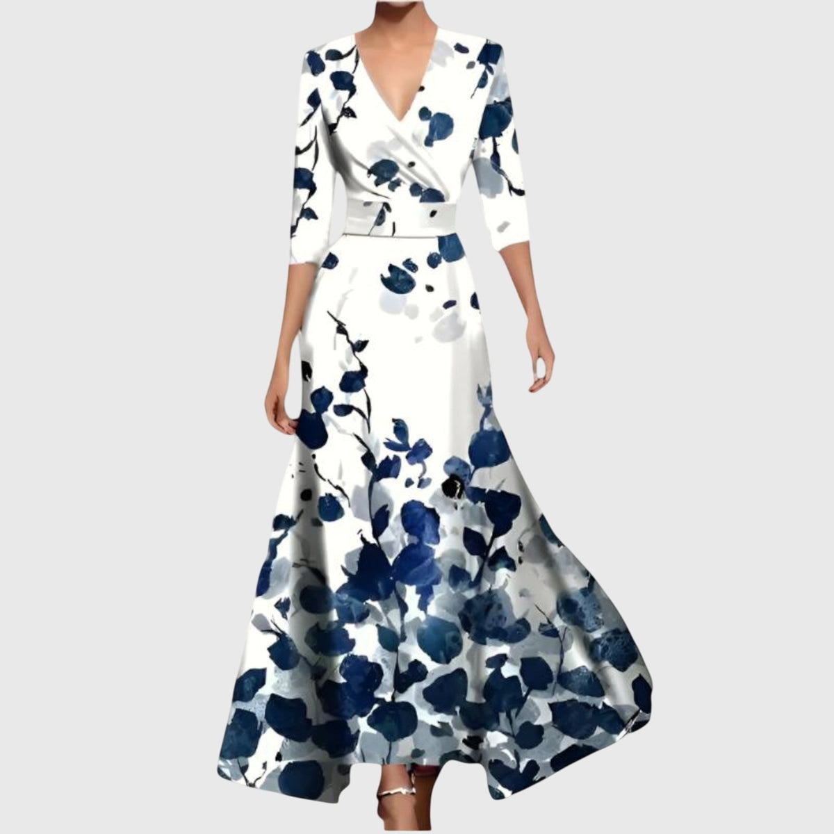 Surplice V-Neck Floral Print Satin Wrap A-Line Maxi Dress