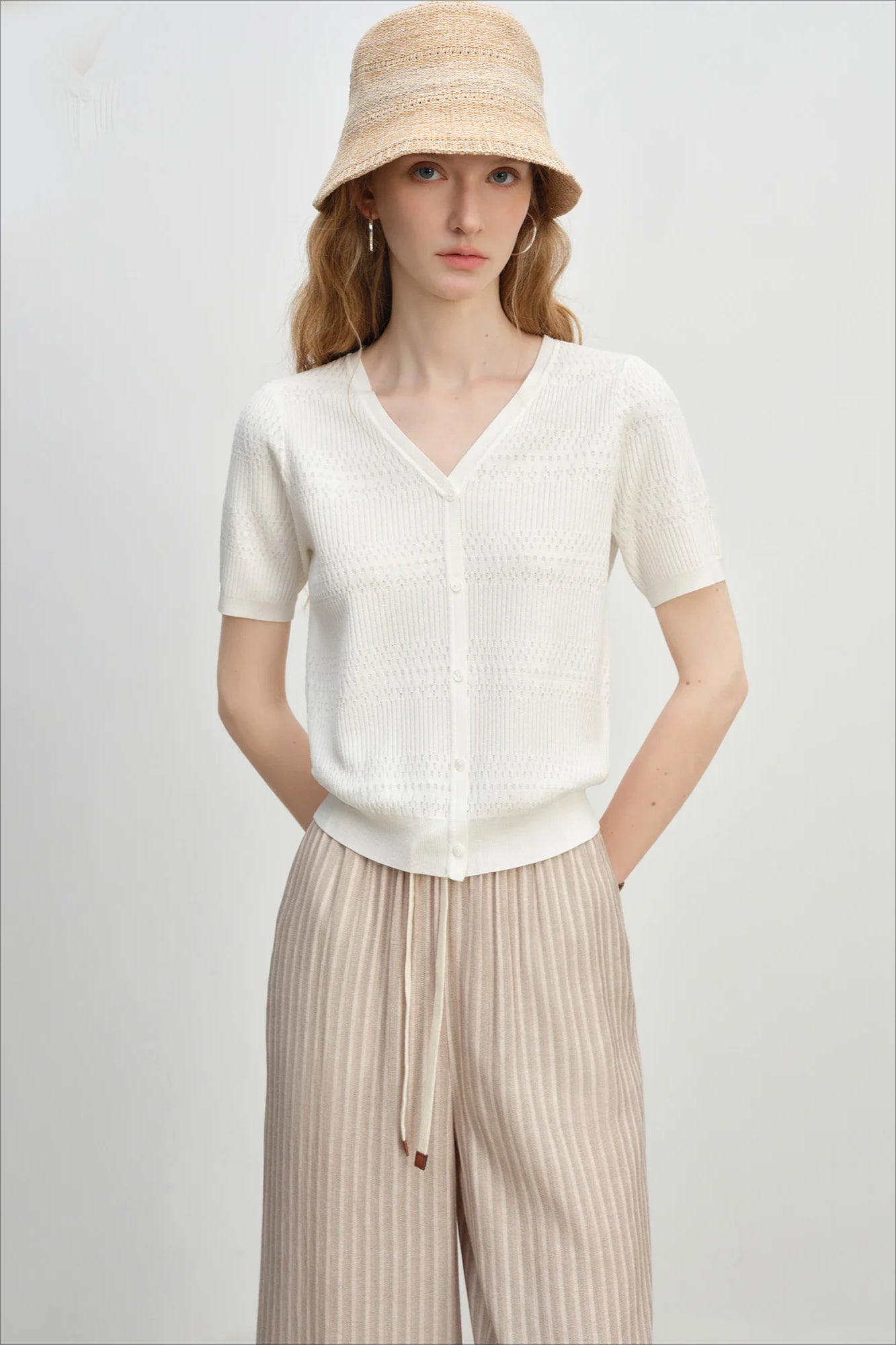French Knit VNeck Short Sleeve Cardigan