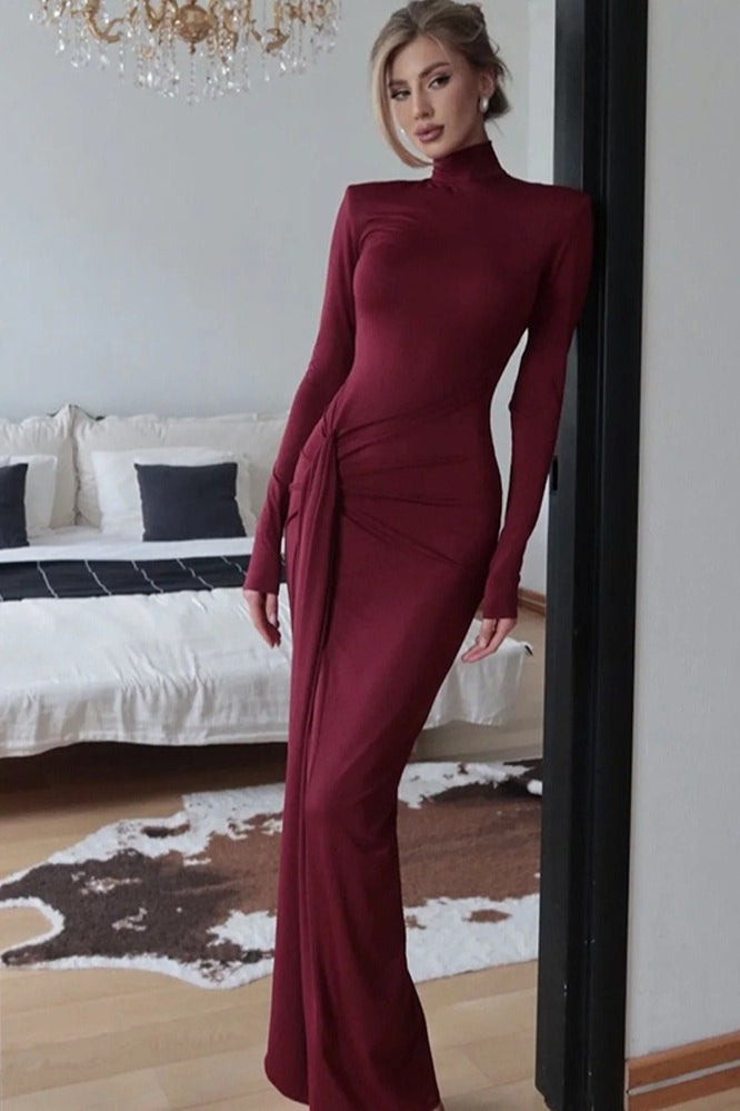 Turtleneck Long Sleeve Paneled Tie Waist Fitted Solid Sweater Dress