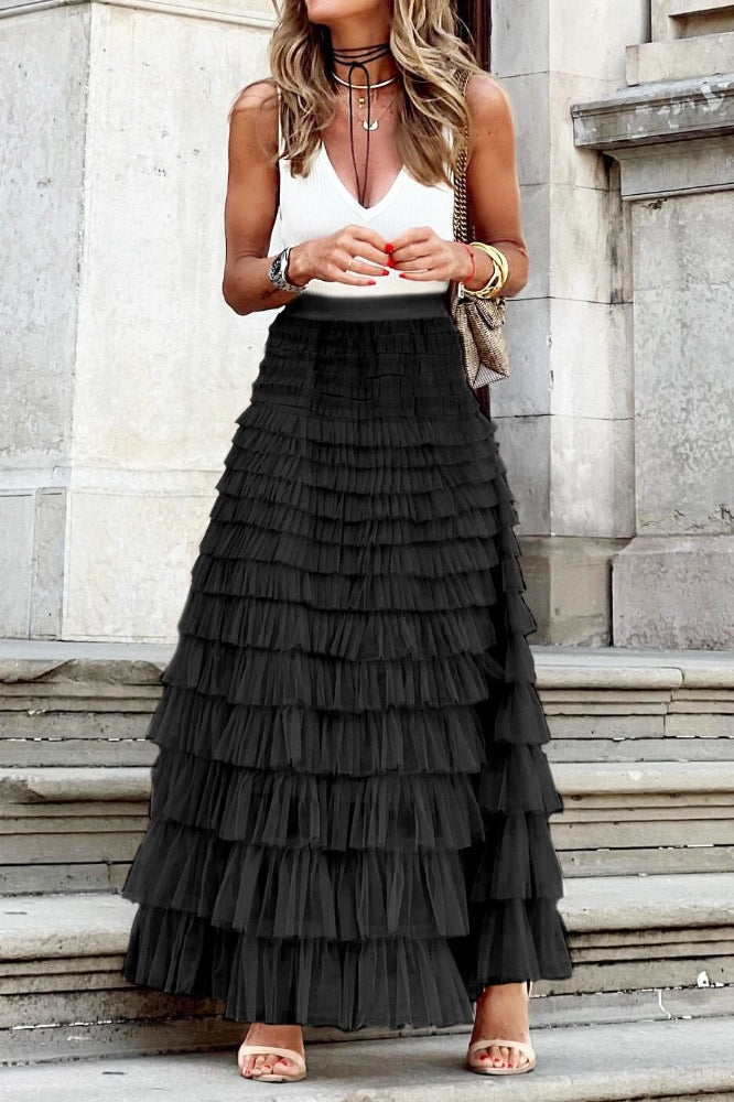 Tiered Sheer Mesh ALine Maxi Skirt