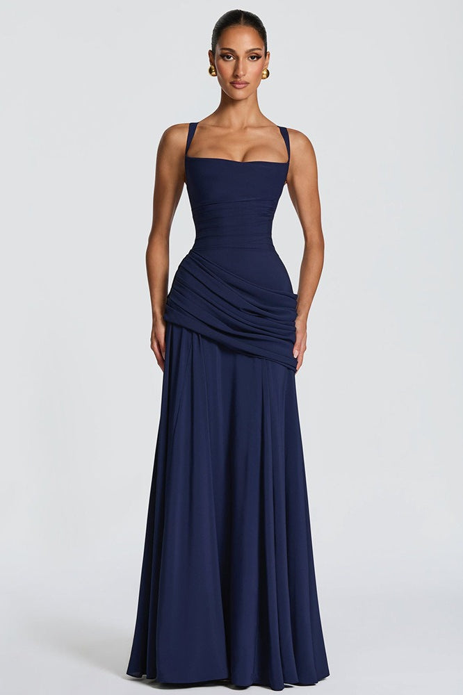 Solid Plunge Ruched Waist Backless Slip Dress