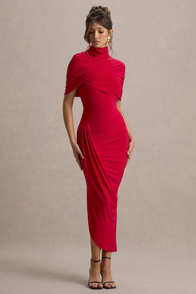 Solid Ruched Bodycon Cape Party Dress