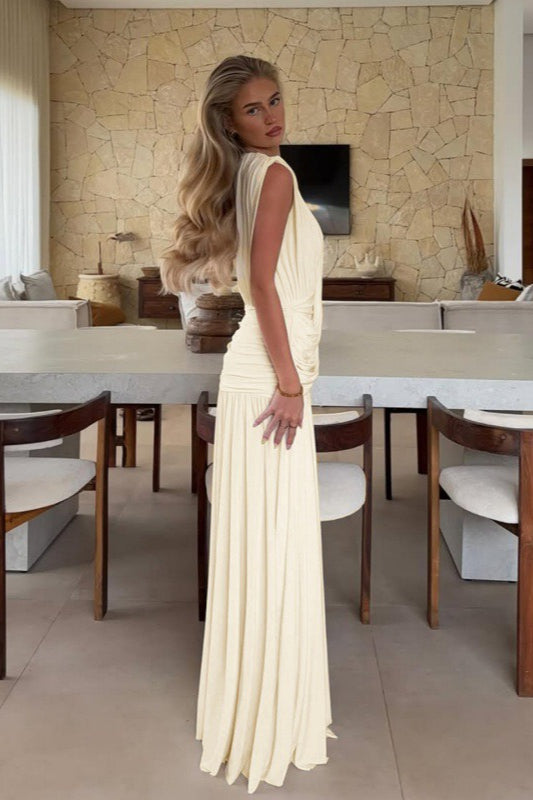Solid Deep V Ruched Asym Party Dress