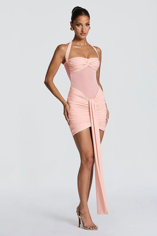 Mesh Halter Twist Knot Mini Party Dress