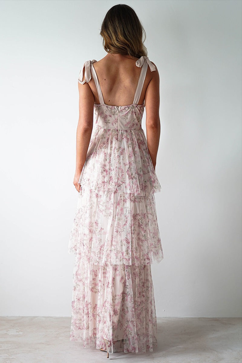 Pink Sweetheart Corset Bow Shoulder Strap Tiered Ruffle Maxi Dress 3