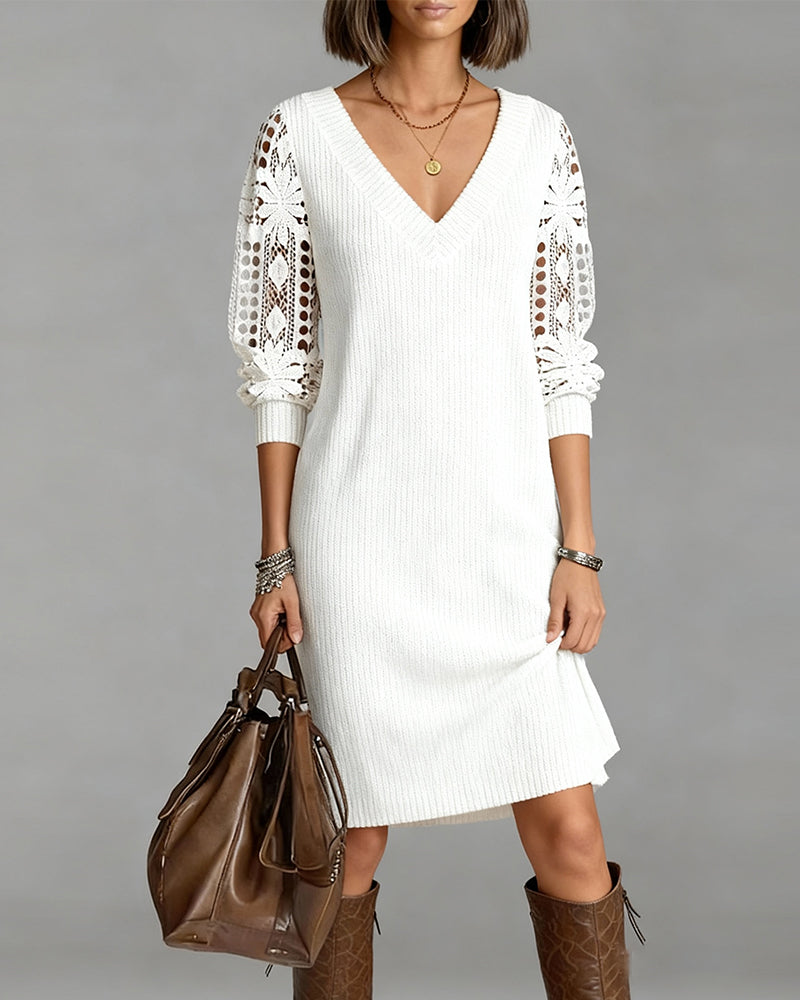 White V-Neck Lace Sleeve Ribbed Knit Long Sleeve Sweater Midi Dress