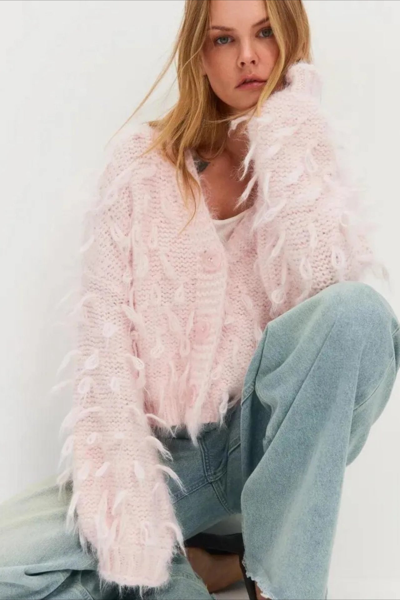 V Neck Fringe Short Loose Slouchy Knit Cardigan