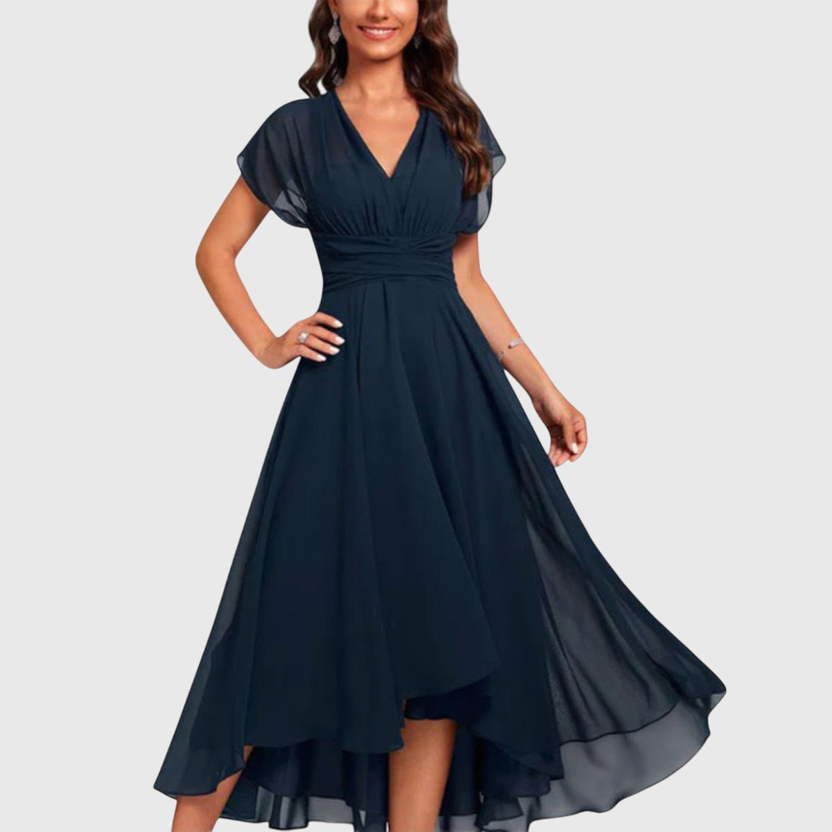 Blue V-Neck Flutter Sleeve Chiffon Ruched Waist High-Low Midi Dress