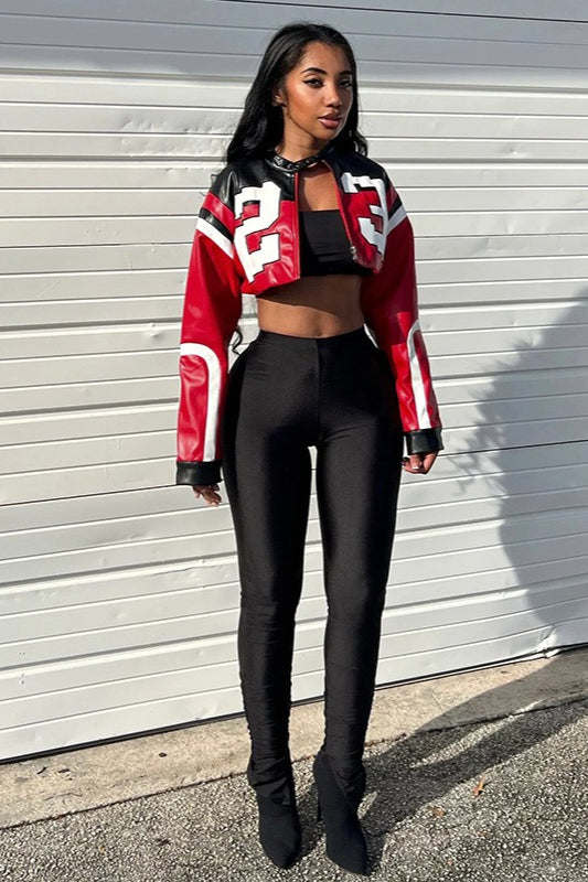 Color-Block Embroidered Slim Faux Leather Jacket