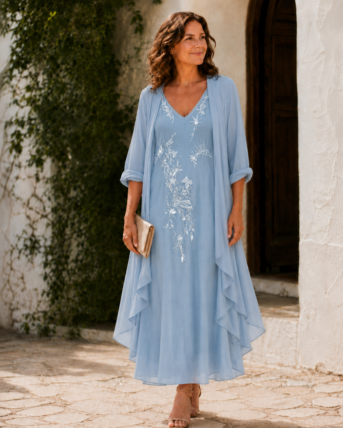 V-Neck Floral Embroidered Maxi Dress with Chiffon Duster Set 5