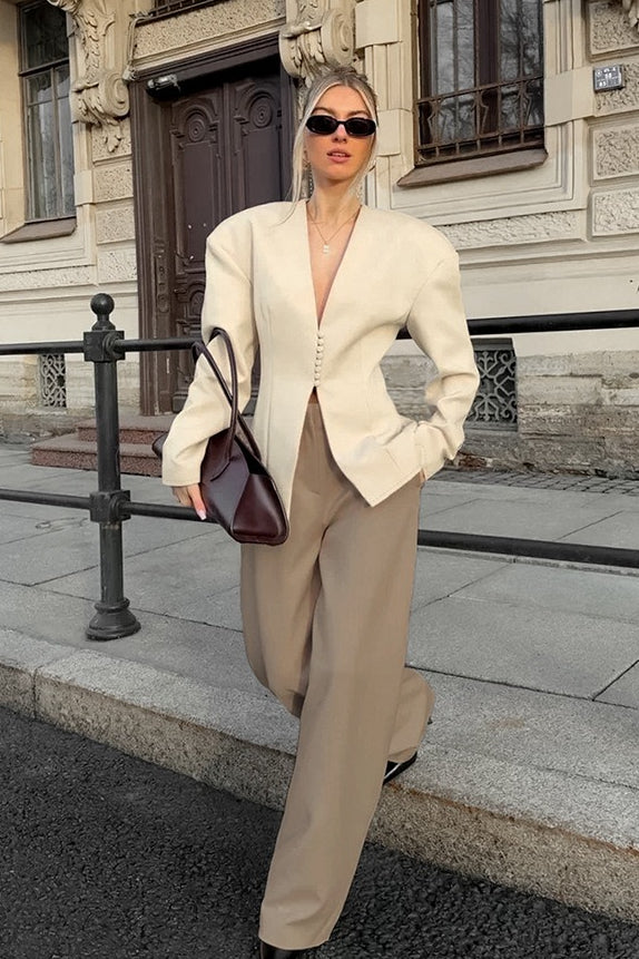 Chic Beige Structured VNeck Coat