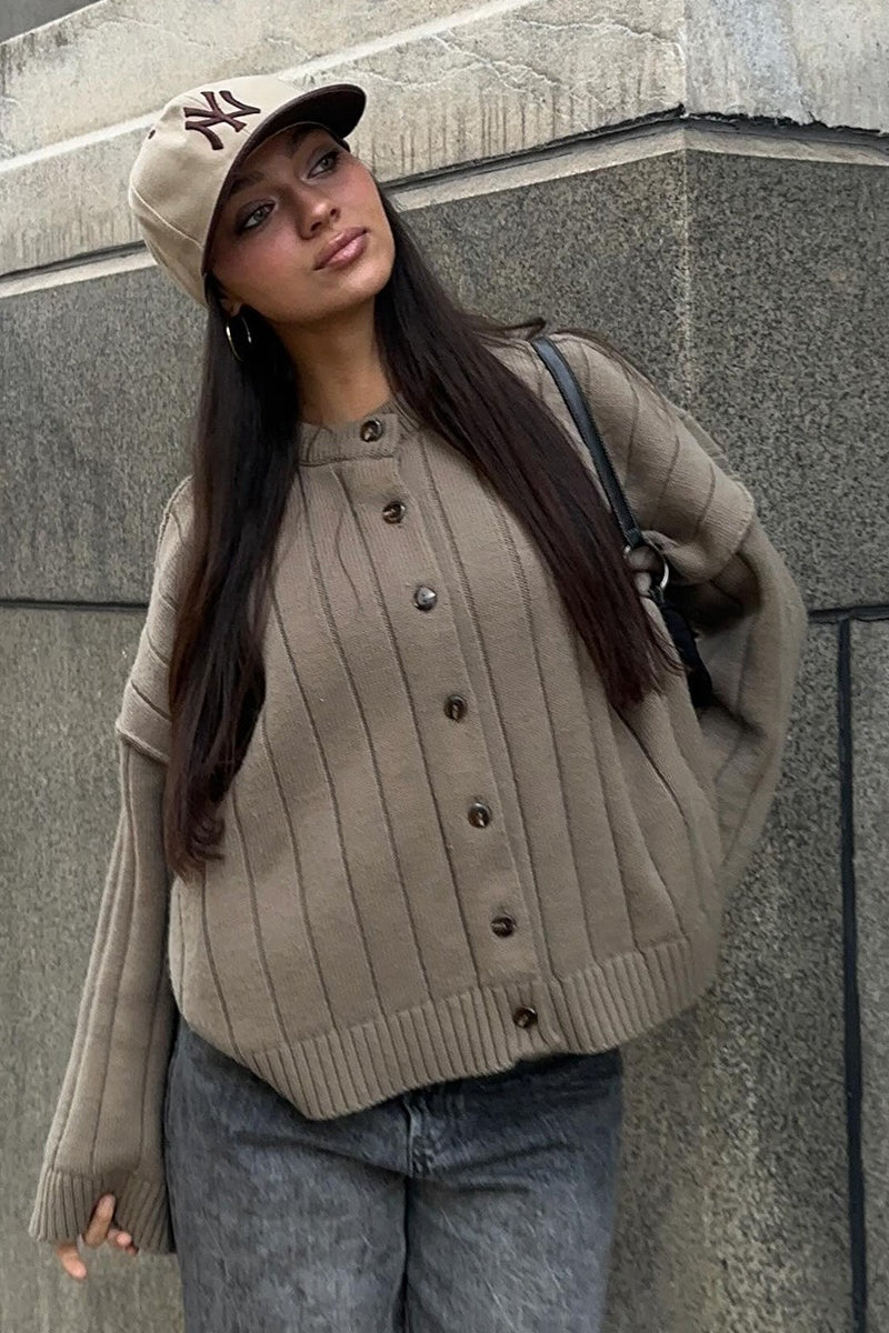 Ribbed Crew Neck Loose Cardigan