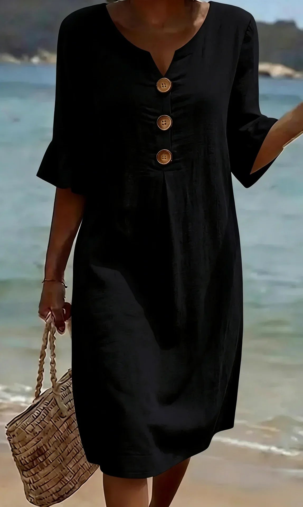 Notched Neck Wooden Button Ruffle Sleeve Shift Midi Dress