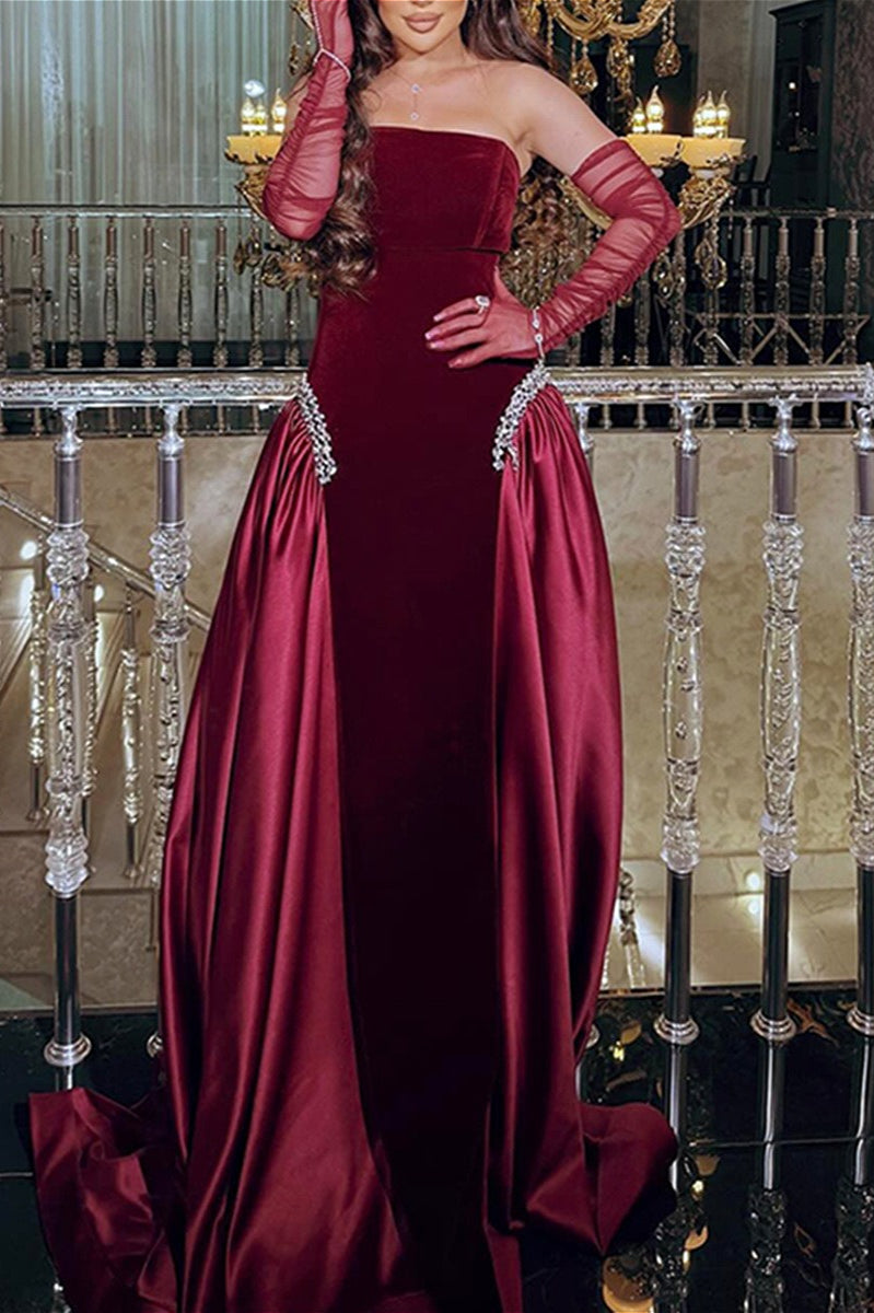 Crystal-Embellished Ruched Bustier Maxi Party Dress
