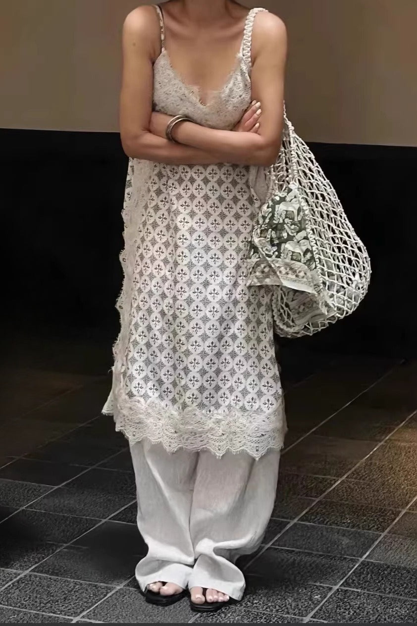 Beige Deep V Neck Eyelash Lace Geometric Print Layered Midi Dress 2
