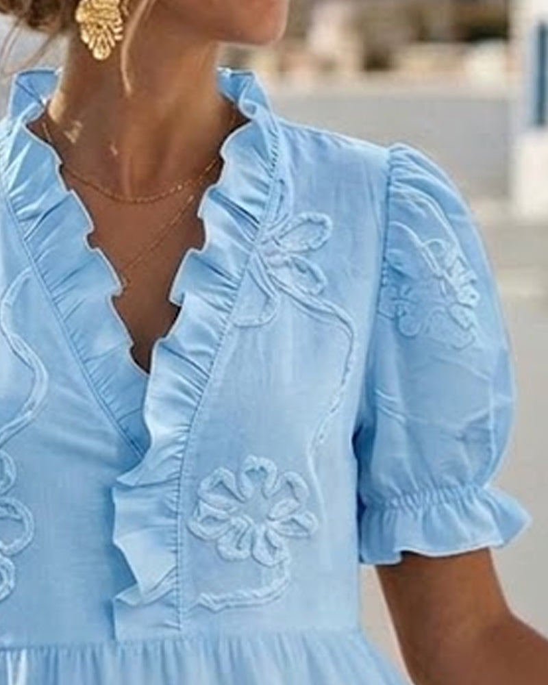 V-Neck Floral Embroidered Ruffle Puff Sleeve Tiered Mini Dress 8