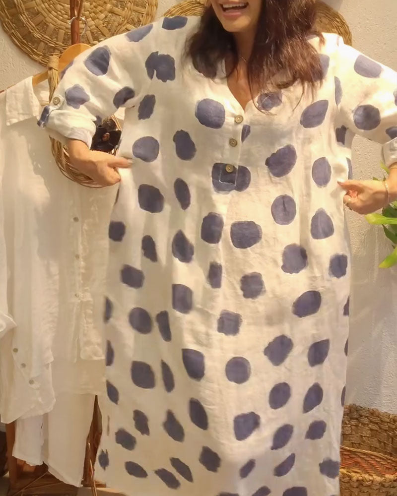 V-Neck Polka Dot Button Front Long Sleeve Loose Maxi Dress