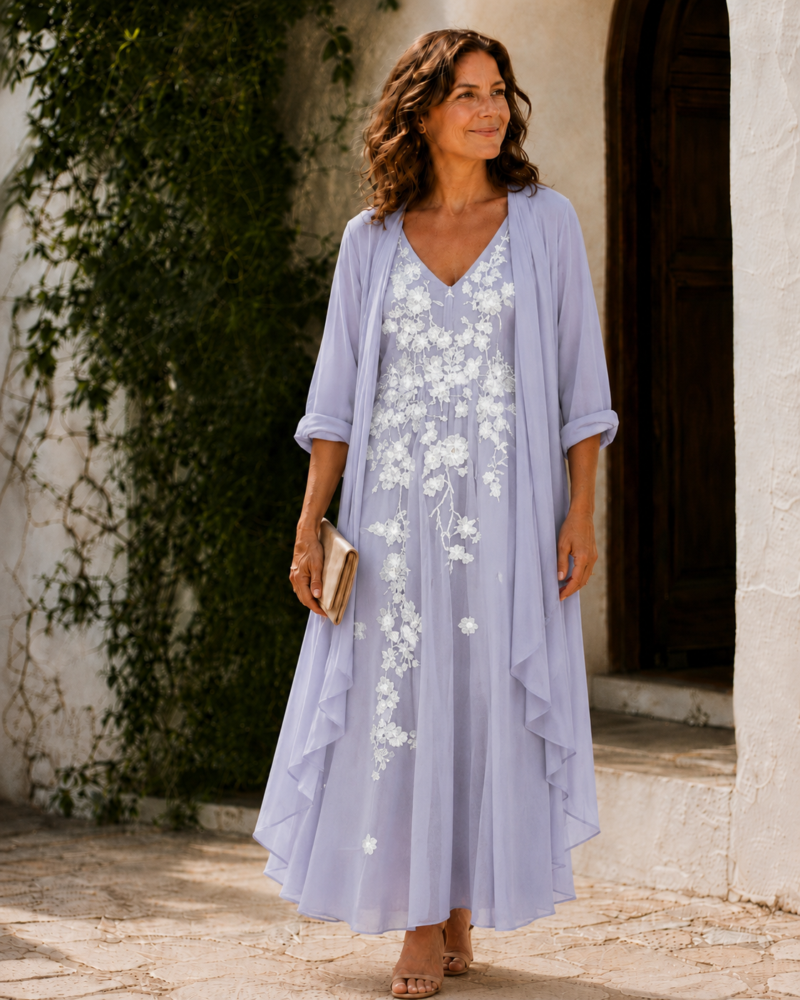 V-Neck Floral Embroidered Maxi Dress with Chiffon Duster Set 6