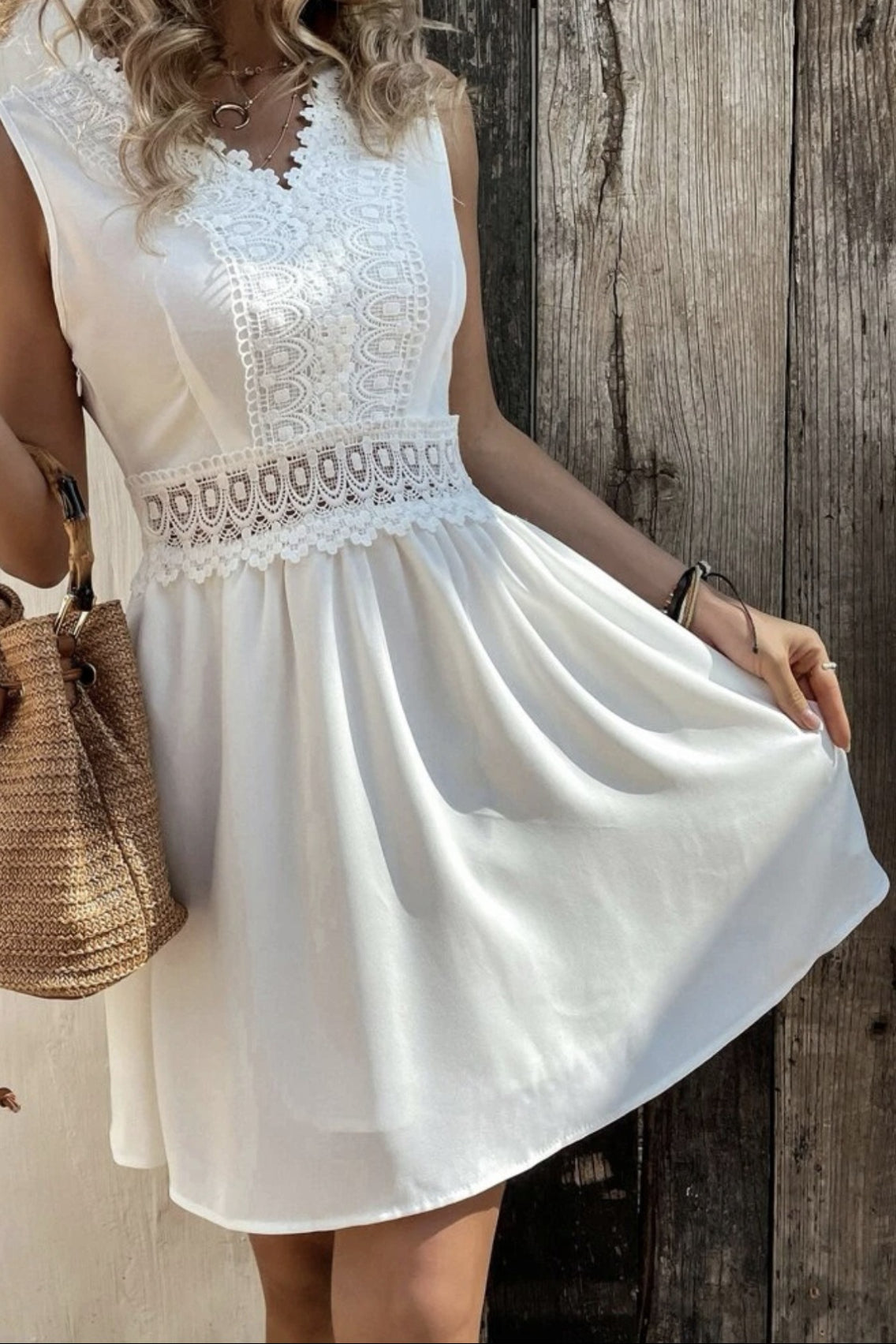 Deep V Neck Lace Trim Waistband Gathered A-Line Mini Dress 4