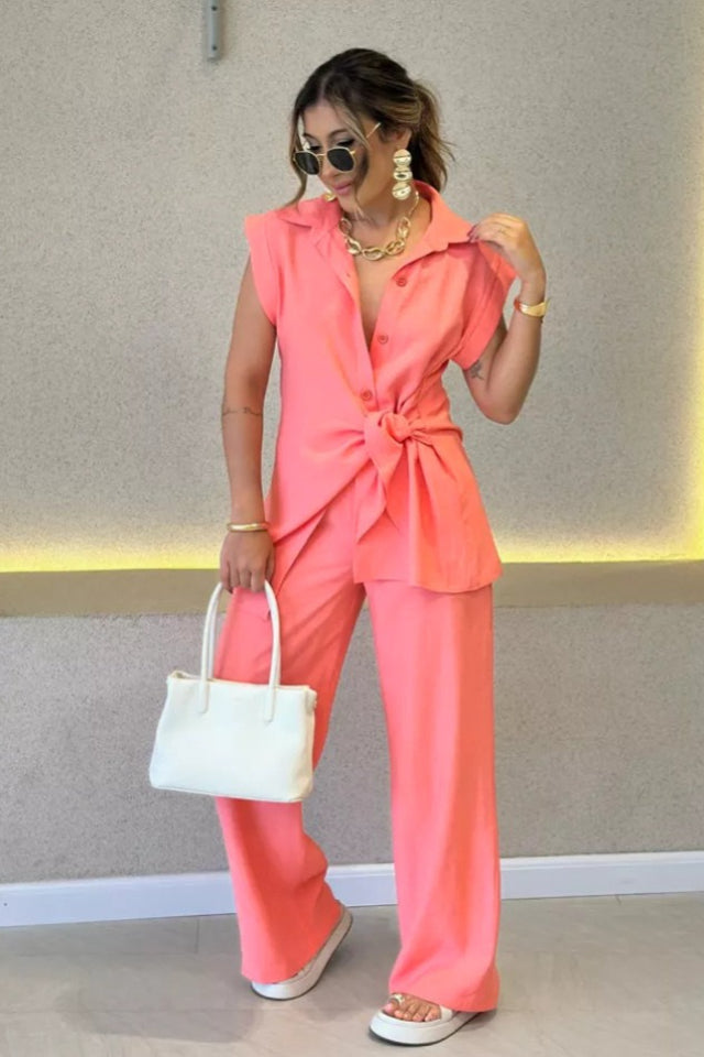 Tie Waist Short Sleeve High Waist Two Piece Work Set