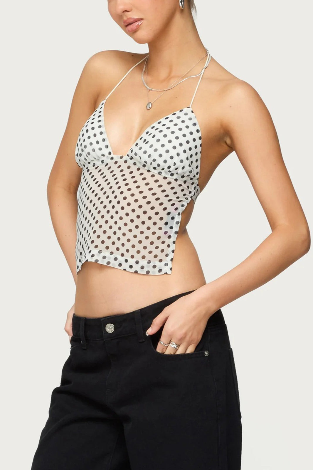 Polka Dot Backless Halter Slim Blouse