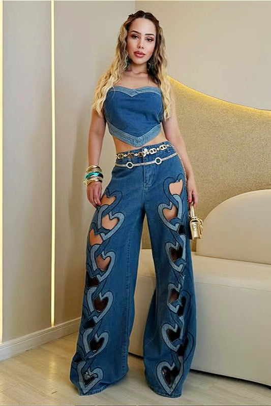 Y2K Heart Print Hollow-Out High-Waist Fashion Jeans