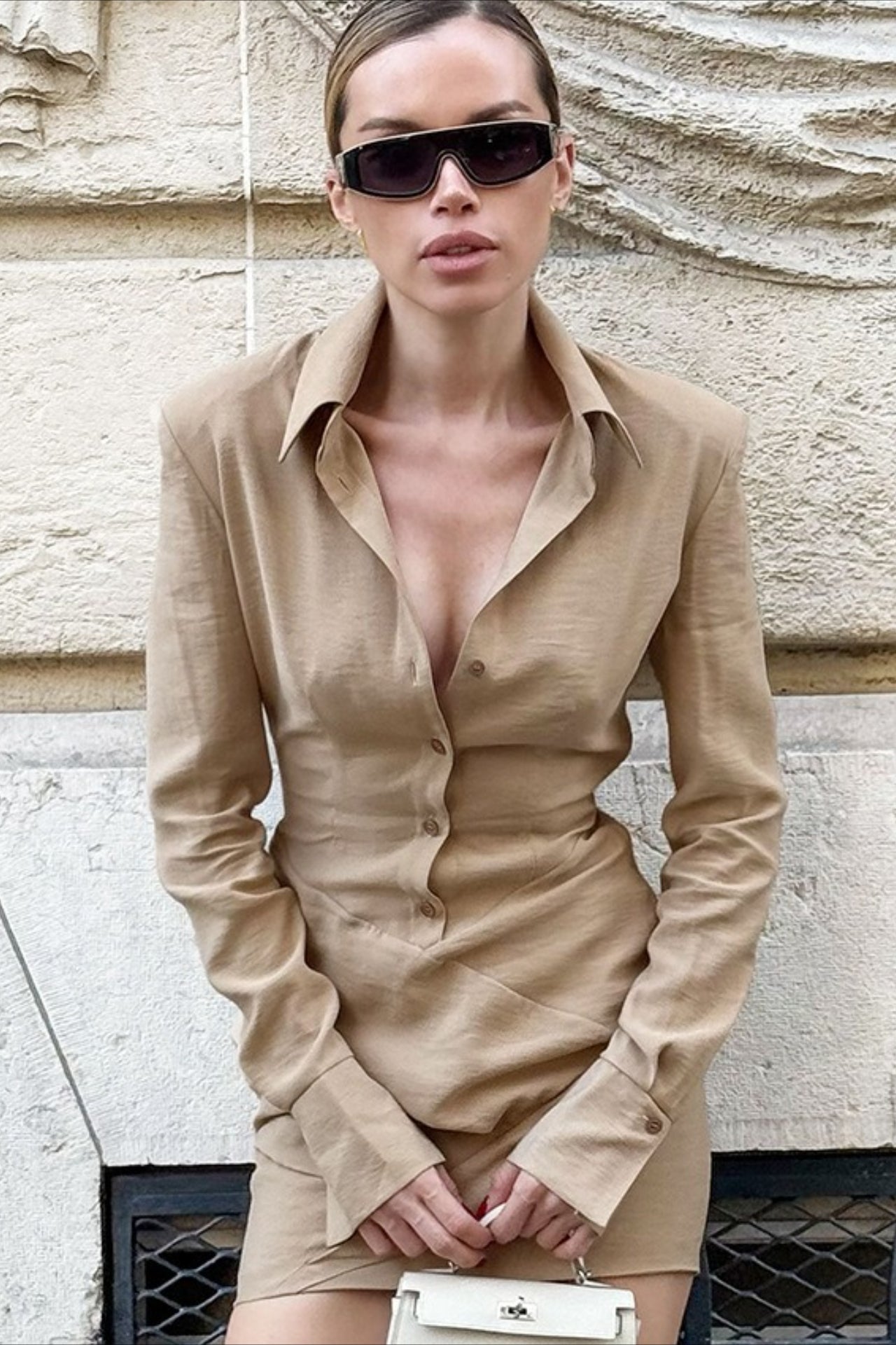 Padded Shoulder Shirt Midi Dress