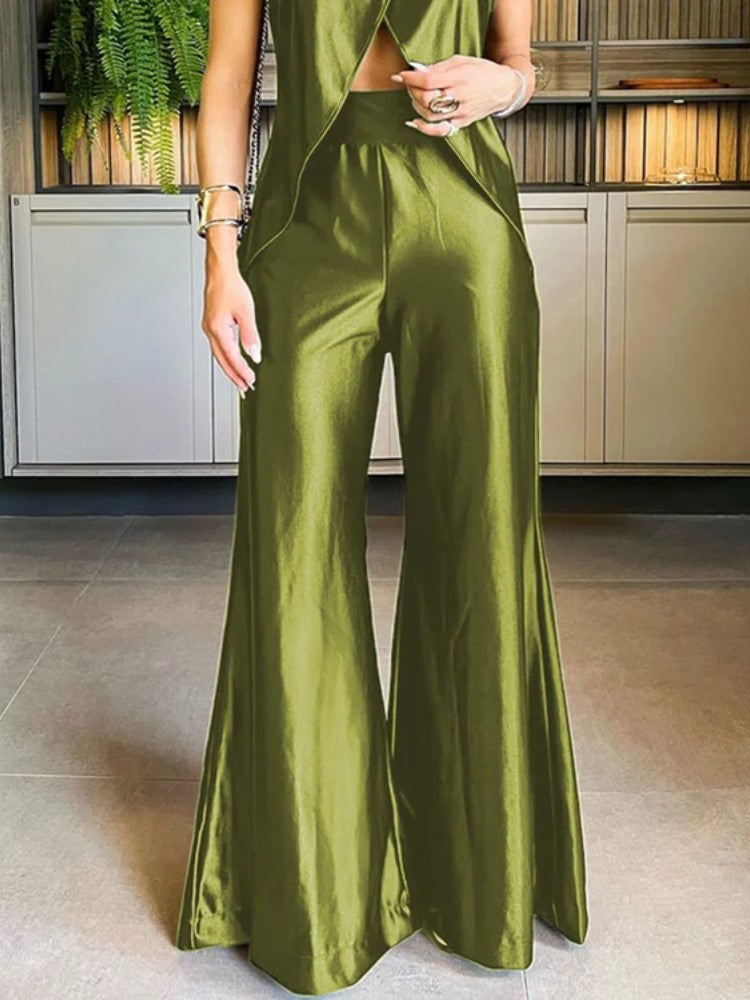 Women Sleeveless Tank Split Hem Top and Wide Leg Silk Pants Sets