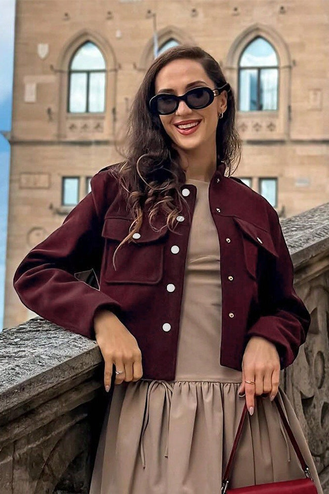 Wine Red Stand-Collar Loose Retro Jacket